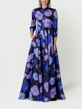 Carolina Herrera Purple and Blue Floral Maxi Shirt Dress/ Gown Size 8 NWT luxury